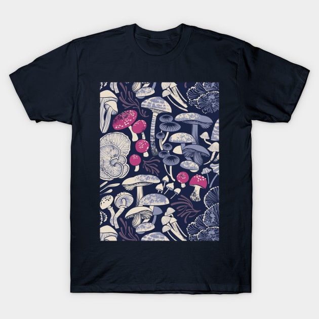 Mystical fungi // midnight blue background ivory pale blue and dark pink wild mushrooms T-Shirt by SelmaCardoso